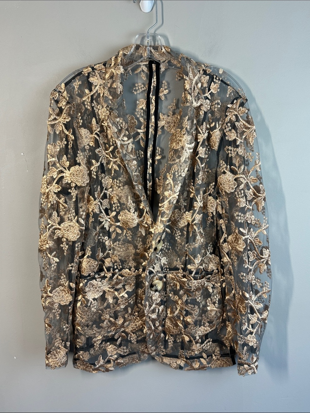 Women’s Mesh Sheer Gold Floral Button Blazer Size Large